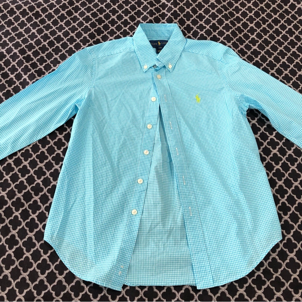 Polo Ralph Lauren Small 8 Boys Button Up Plaid Shirt Blue Black Checkered De20